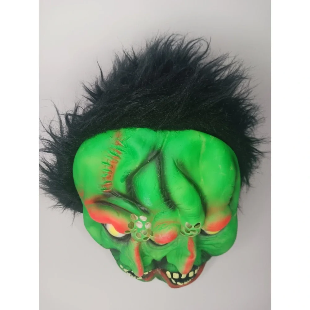 VTG Fun World Two Faced Green Rubber/Latex Mask Halloween Costume Black‎ Hair